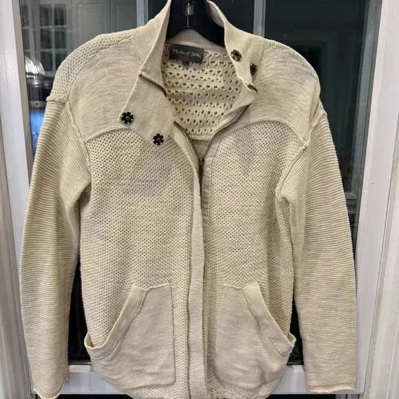Michael Stars Anorak Cream Knit Sweater Drawstring Hem Full Zip Cotton   XS/S - Picture 5 of 6